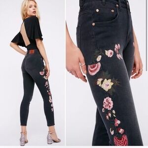 One Teaspoon Black Skinny Jeans with Pink & Cream Floral Embroidery
